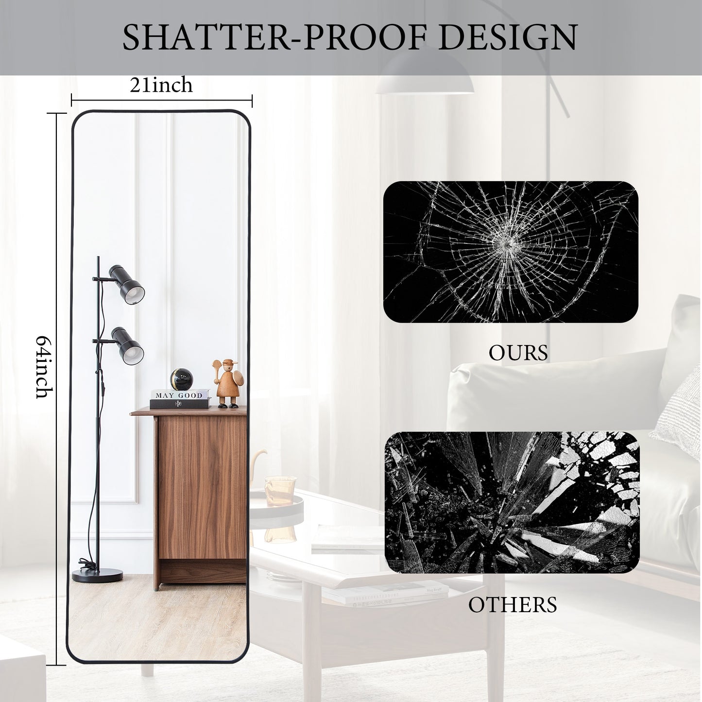 64 x 21 Full Length Floor Mirror with Rounded Corners