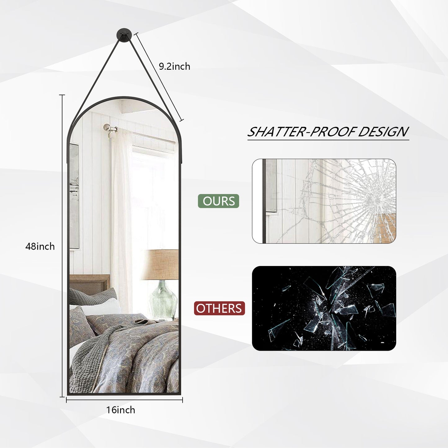 48 x 16 Full Length Hanging Wall Mirror with Leather Strap