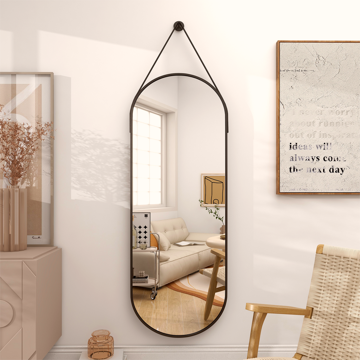 48 x 16 Full Length Hanging Wall Mirror with Leather Strap